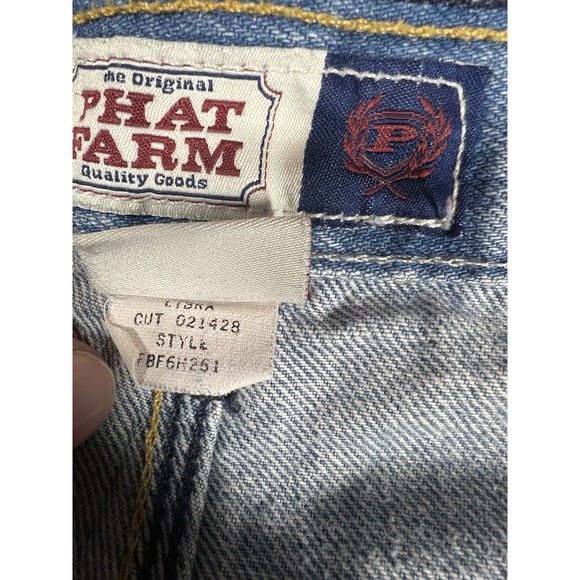 Vtg Phat Farm Shorts Mens 34 Wide Leg Baggy Jean Blue Denim Long Embroidered Y2K - Picture 4 of 13